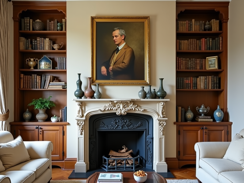 Traditional living room with antique vases and framed painting