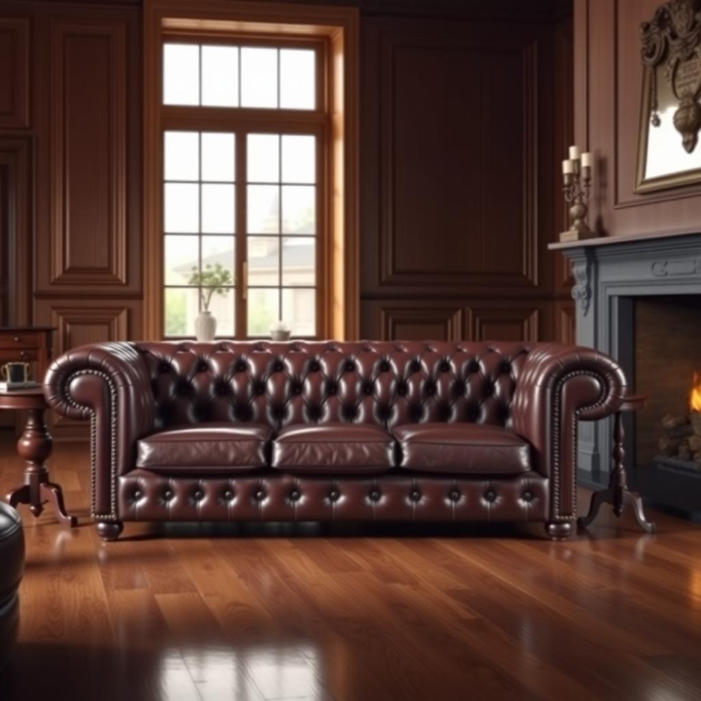 19th-century parlor with a leather Chesterfield sofa