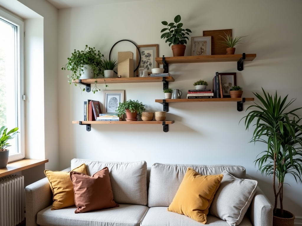 Wall-mounted shelves in a small living room