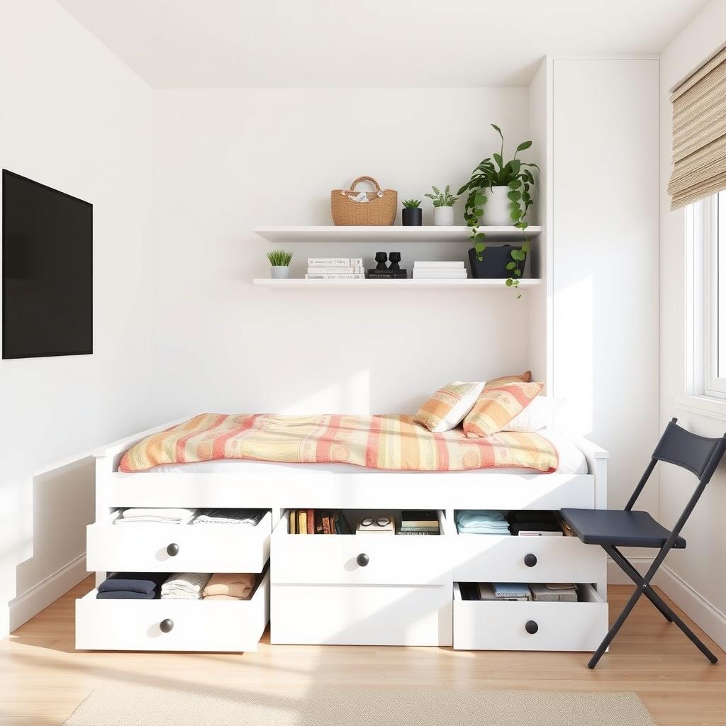 Small bedroom with a white storage bed, wall-mounted shelf with plants, and a foldable chair.