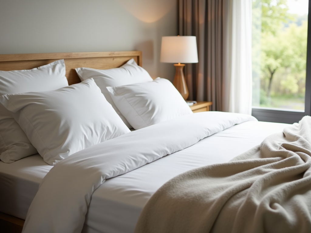 Cozy bedroom with made bed