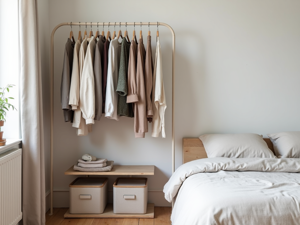 Organized bedroom with capsule wardrobe and under-bed storage