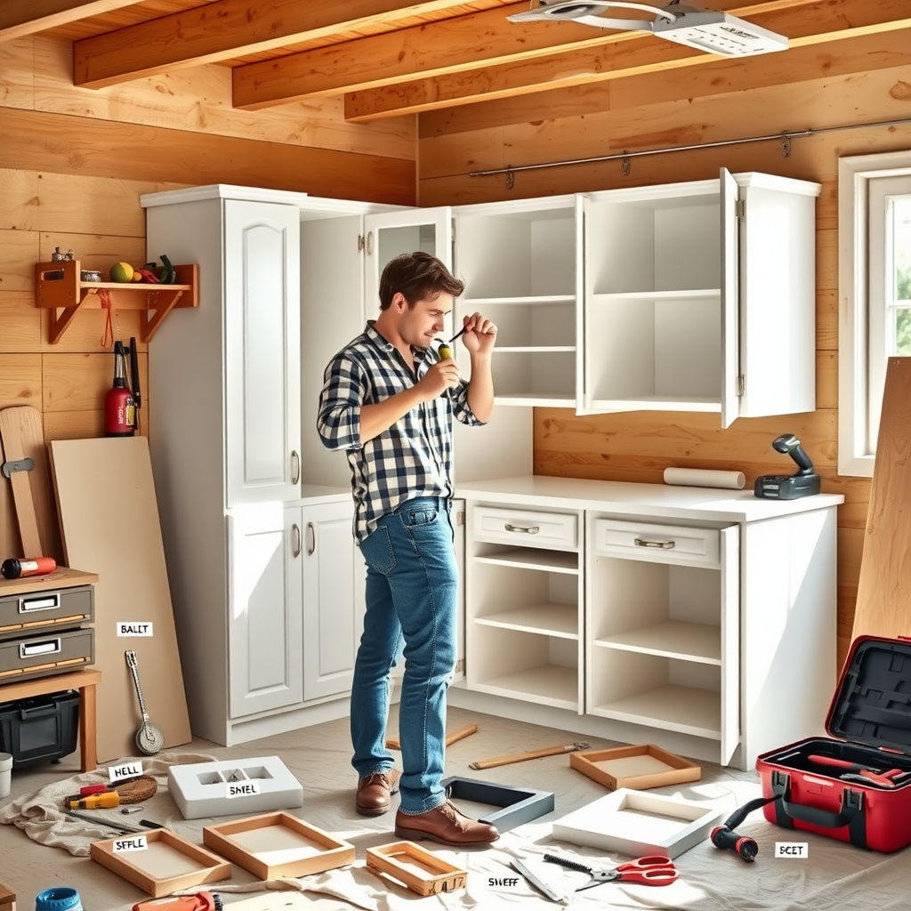 Homeowner following cabinet furniture assembly tips