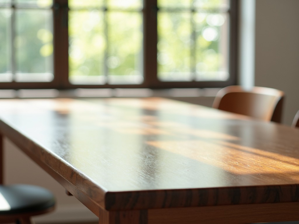 A dining table with a mix of wood and glass, standing near a bright window.