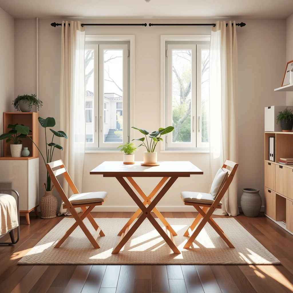 Cozy small apartment with extended foldable dining table and matching chairs