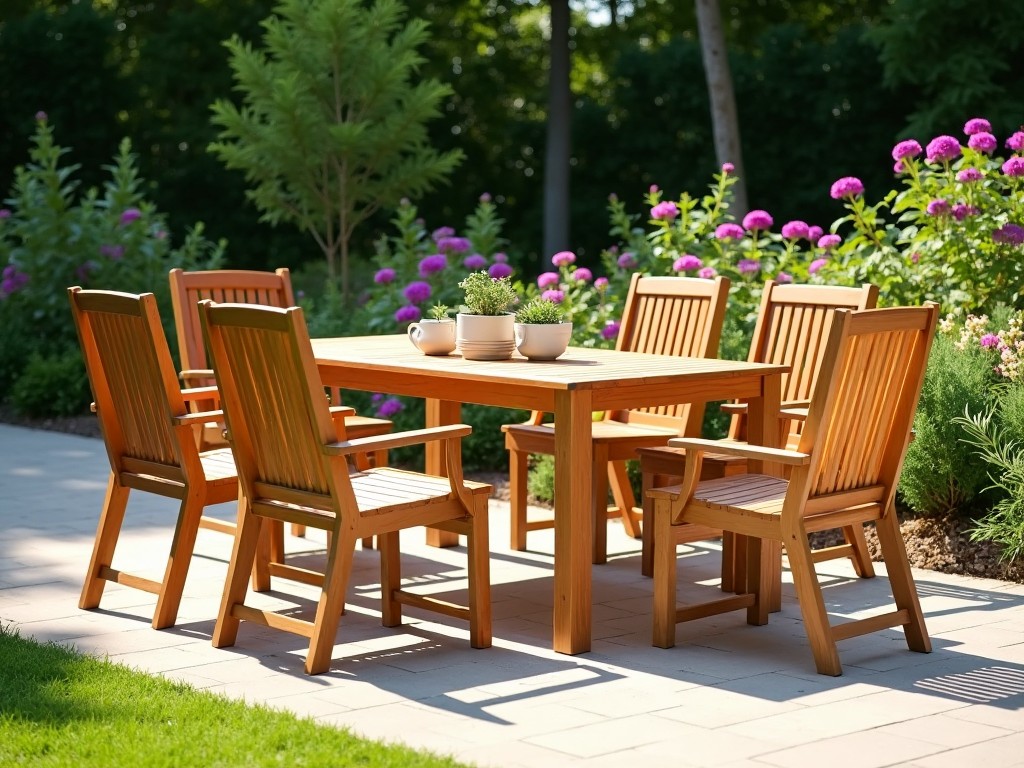 Teak patio set with shining wood tones in a lush garden.