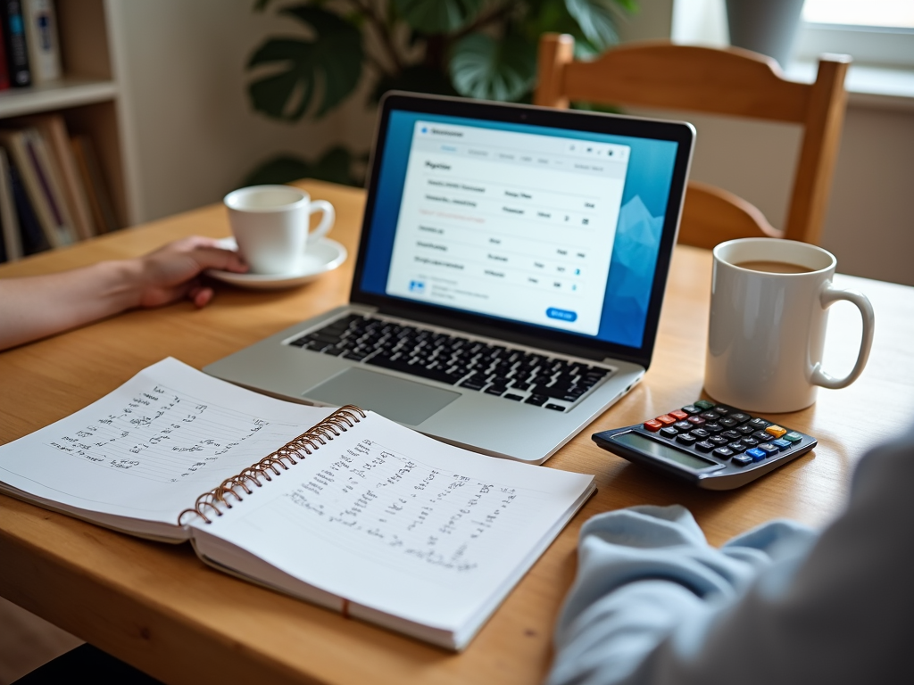 Planning a home design budget with a laptop and coffee.