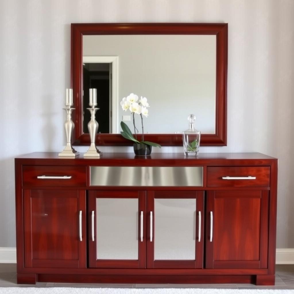 Polished mahogany sideboard with silver handles, displaying candlesticks and a crystal decanter in a formal dining room.