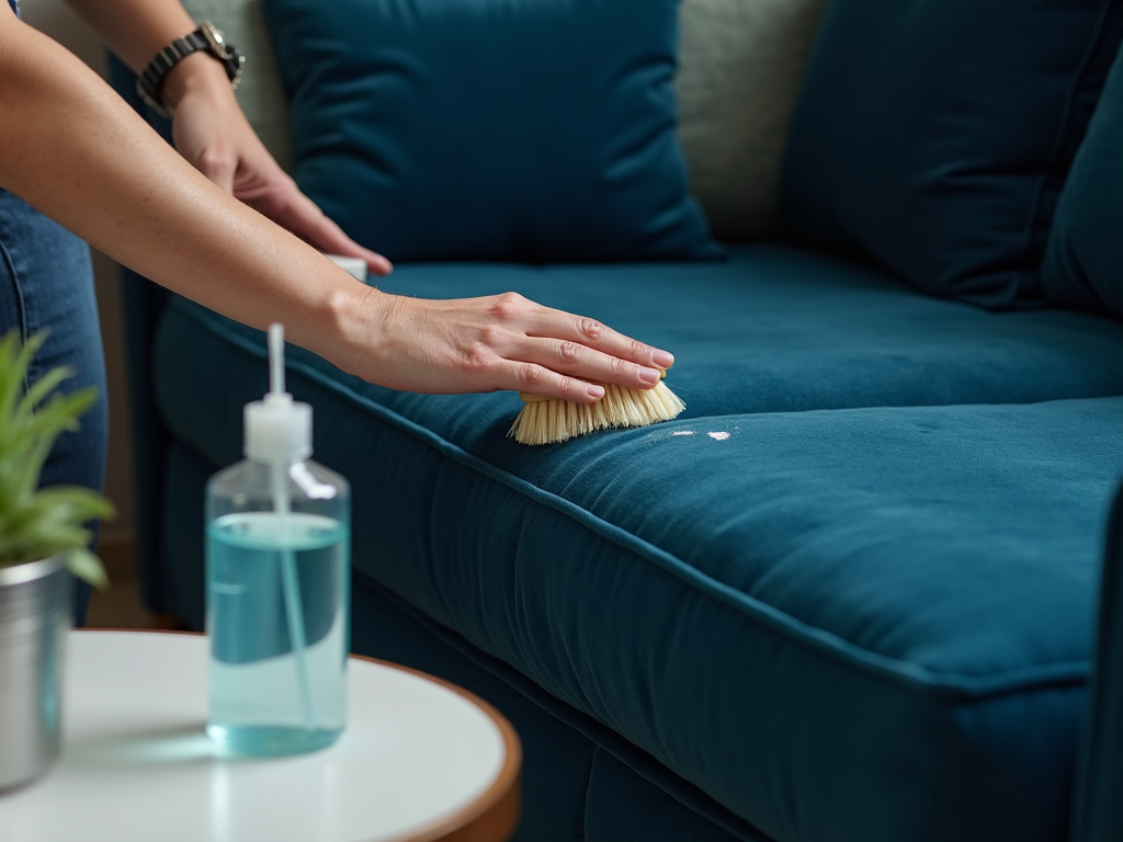 Cleaning a velvet sofa with a soft brush and gentle cleaner