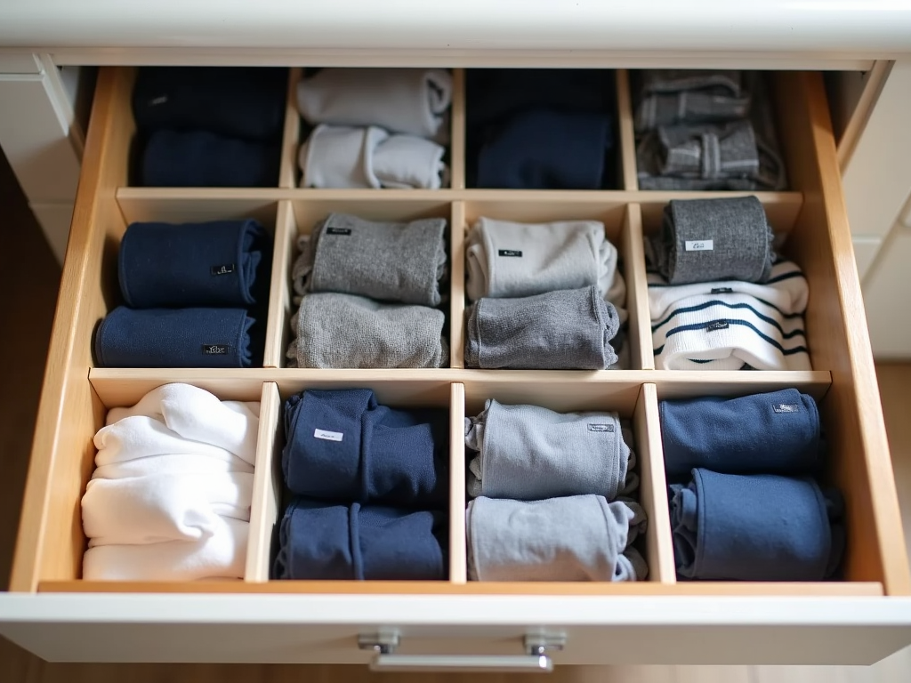 A dresser drawer organized with dividers.