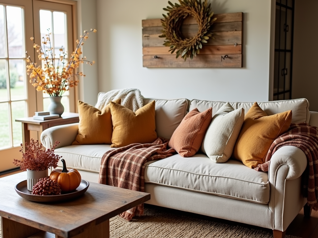 Fall-themed living room with layered textiles in warm tones.