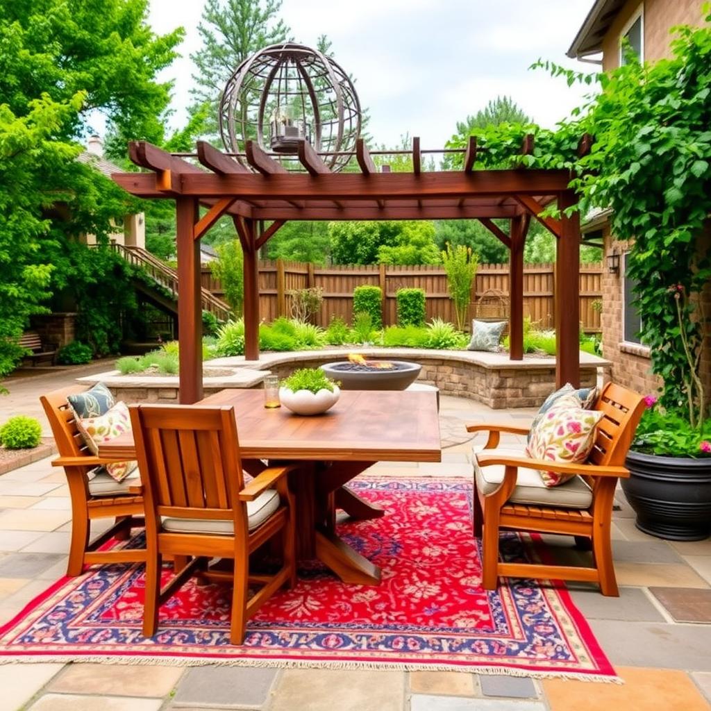 Rustic patio with teak dining set and stone fire pit.