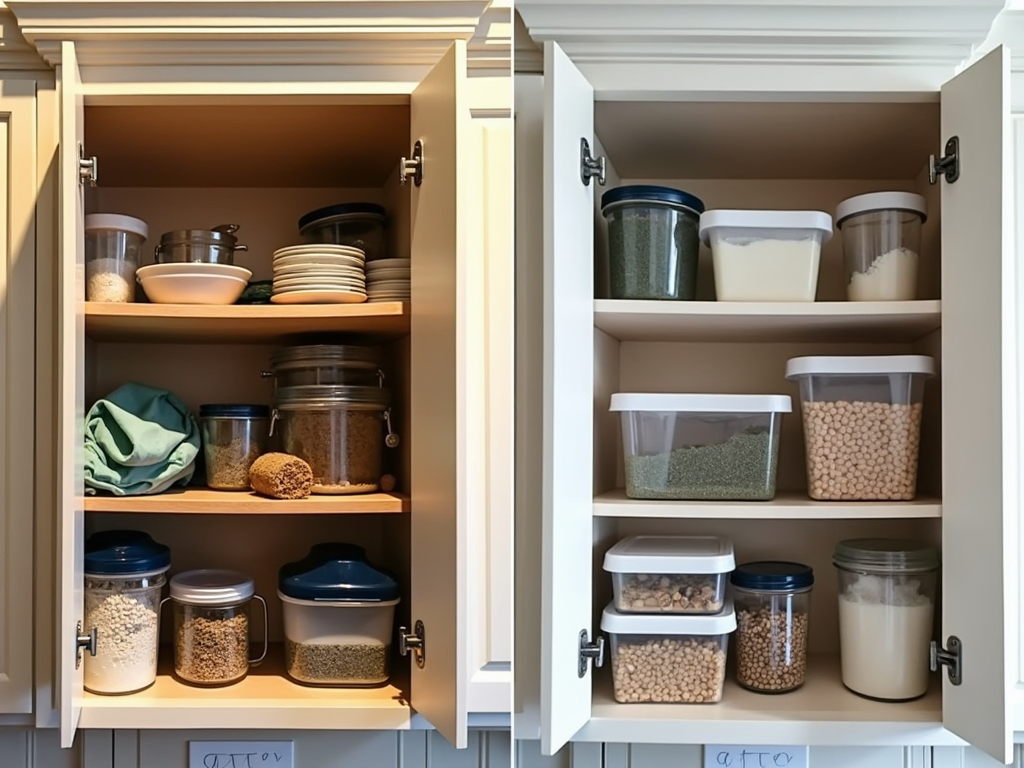 Before and after of an organized kitchen cabinet
