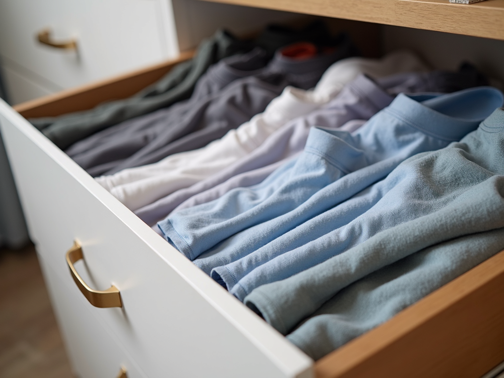 Neatly folded t-shirts in a dresser drawer