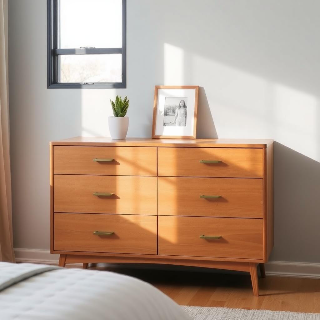 Modern wooden dresser in a cozy bedroom with a plant and photo frame on top
