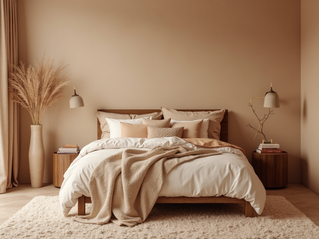 A bedroom with warm, earthy tones and cozy decor