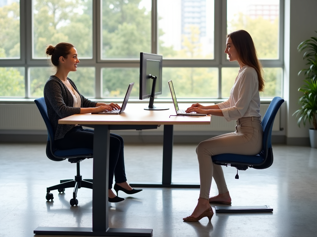 Electric standing desk in a bright office setting.