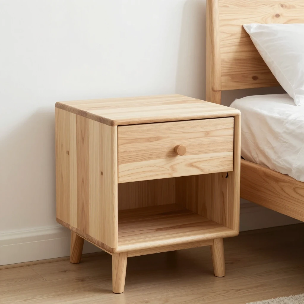Simple DIY wooden nightstand in minimalist bedroom