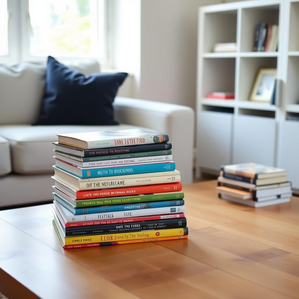 A pile of books on a wooden table in a cozy living room, with a modern bookshelf in the background.