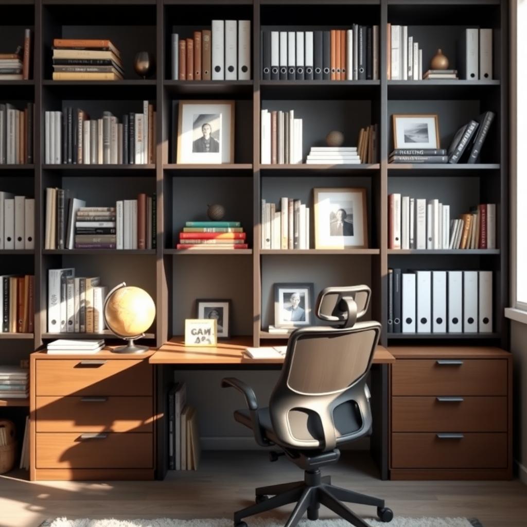 Home office with a modular shelving unit, organized books and decor, modern desk, and ergonomic chair.