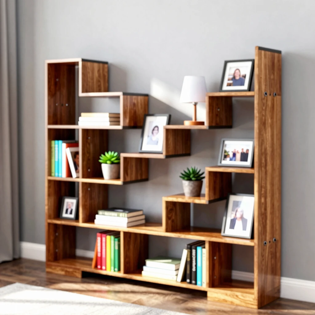 Customizable modular bookshelf organizing books and decor in a home office