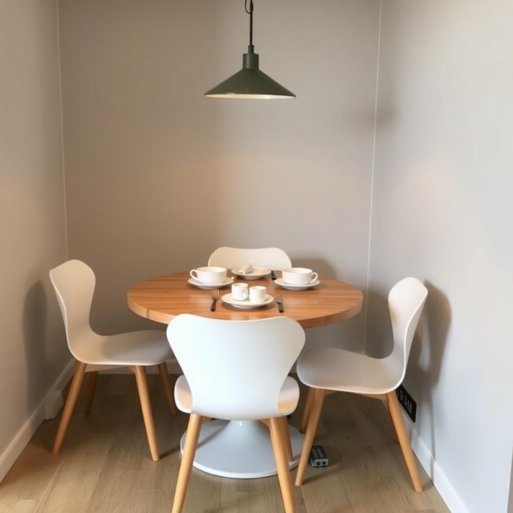 Compact dining area with a round wooden table and minimalist chairs under a pendant light.