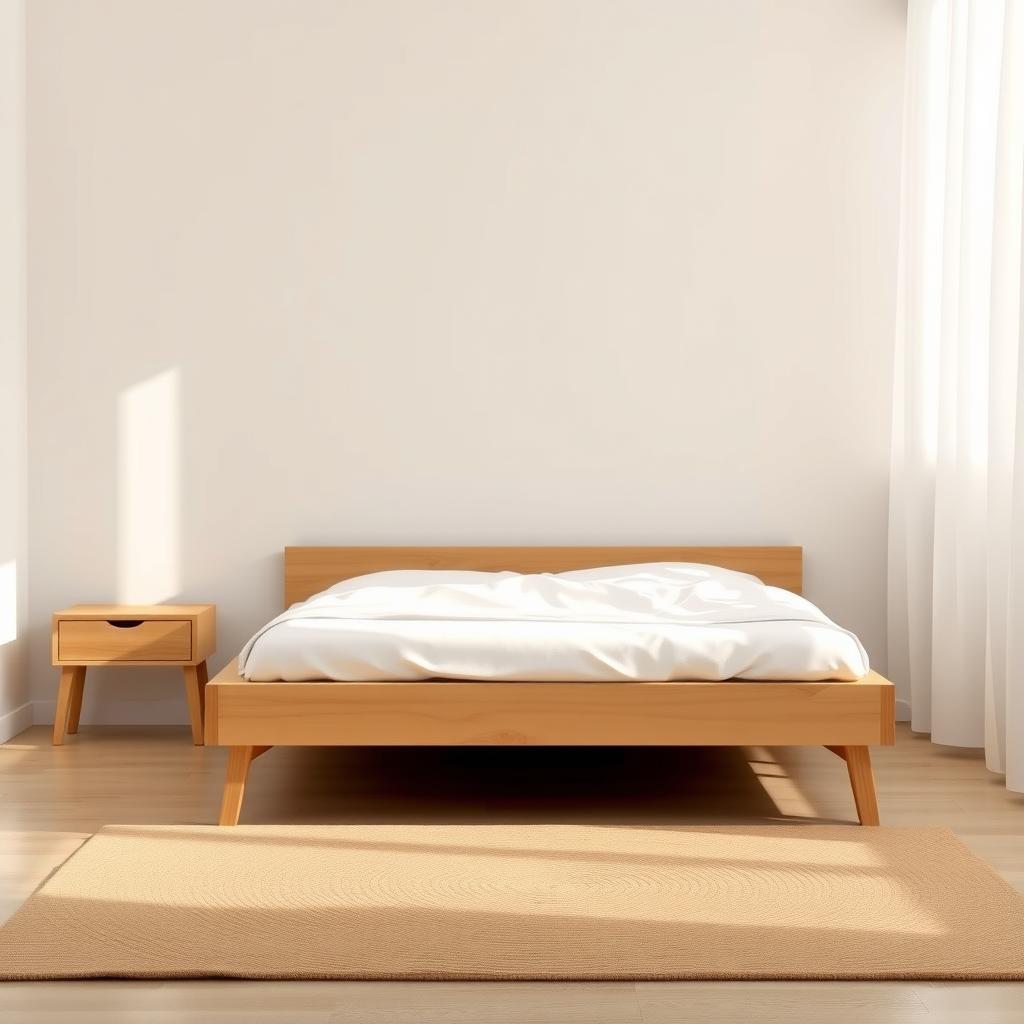 Minimalist bedroom with a low wooden bed, simple nightstand, and neutral woven rug.