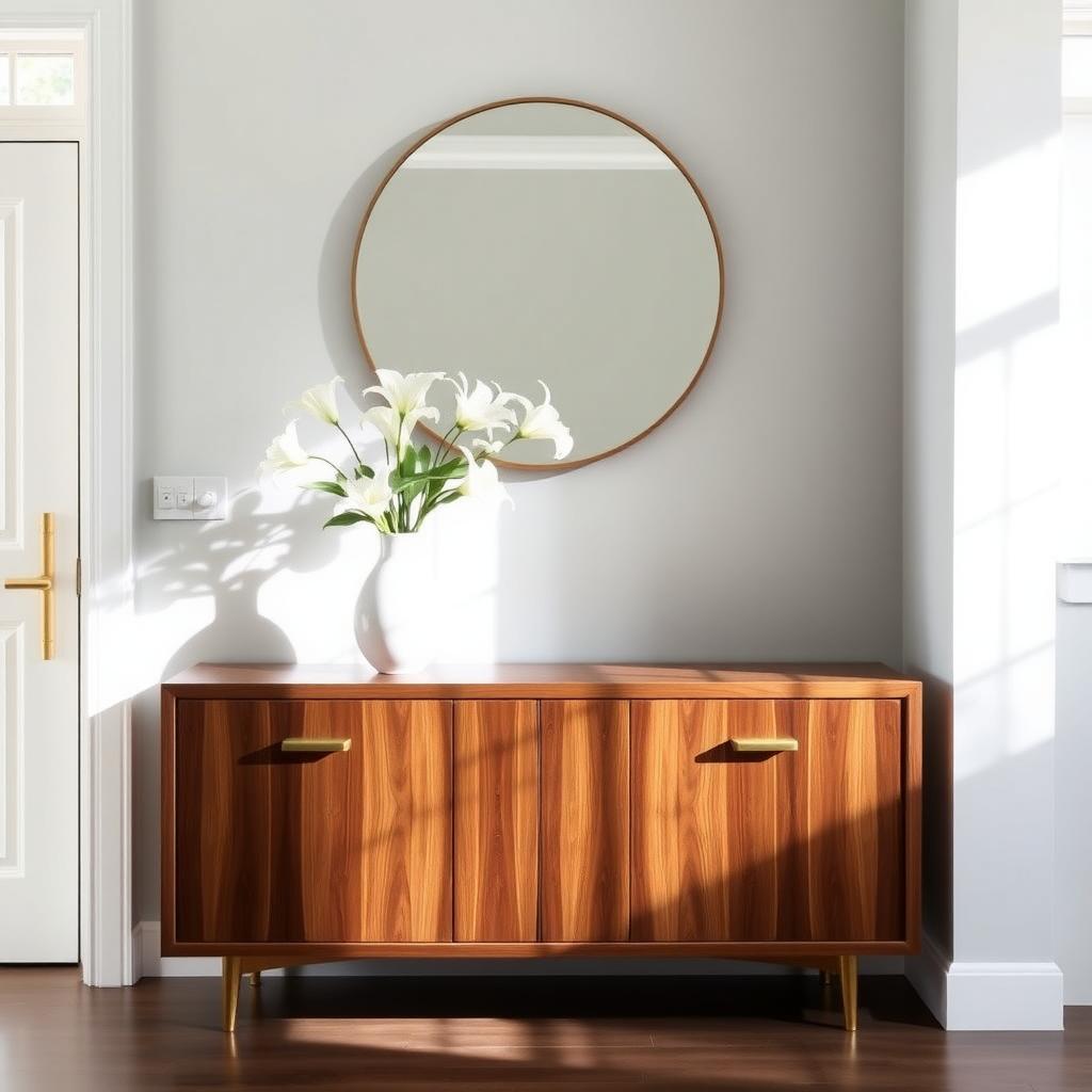 Modern walnut sideboard in a minimalist entryway with a ceramic vase and round mirror
