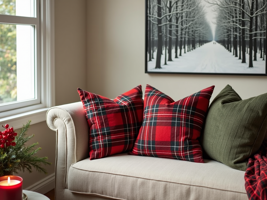 A refreshed living room corner with winter pillows and a rug.