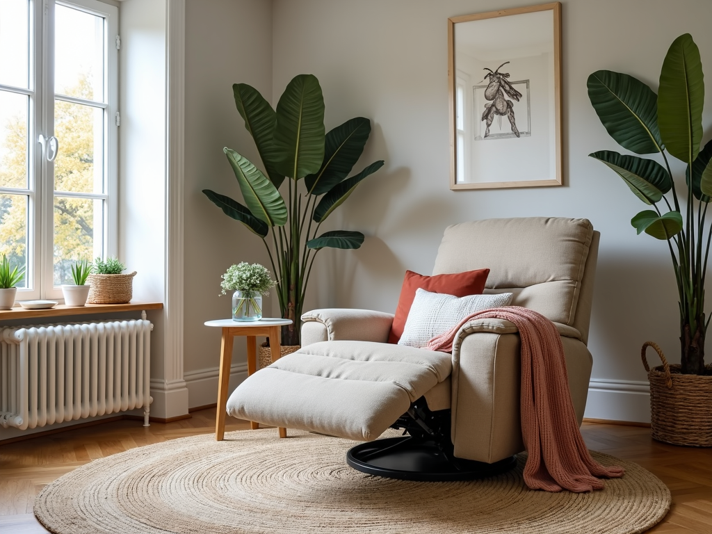 A well-styled living room featuring a recliner with coordinating accessories