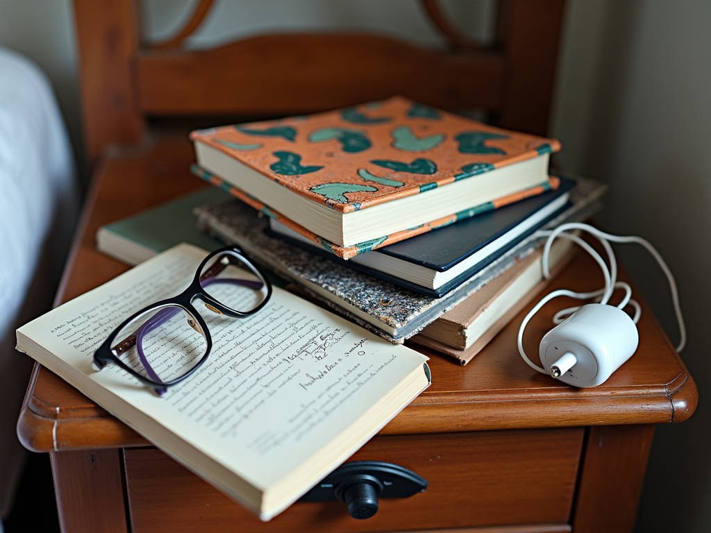 A cluttered nightstand with various items scattered across it.