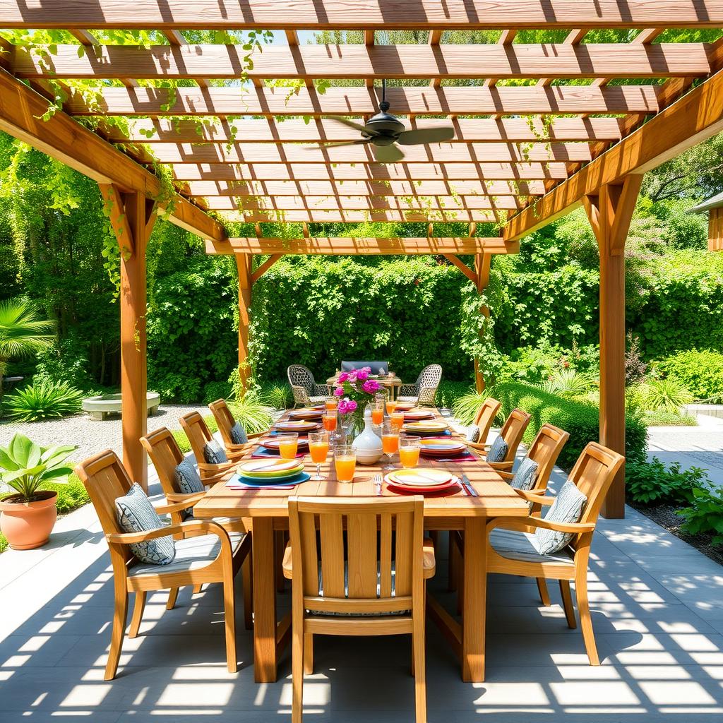 Stylish outdoor dining area with teak furniture under a pergola with vines and greenery.