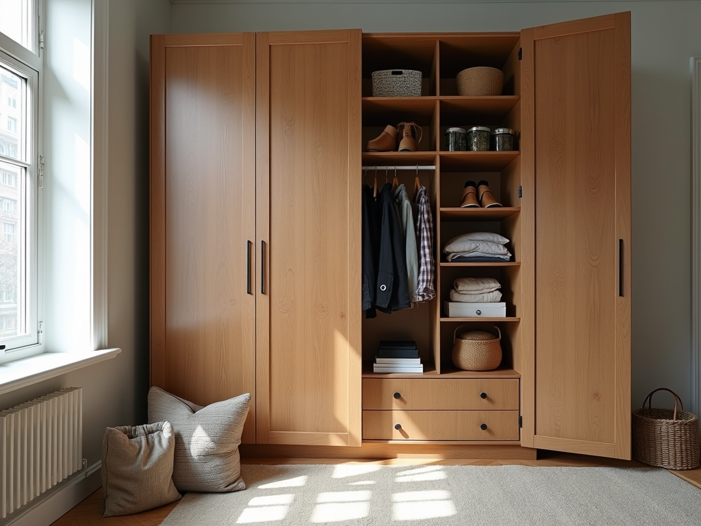 Stylish armoire hiding storage in an apartment
