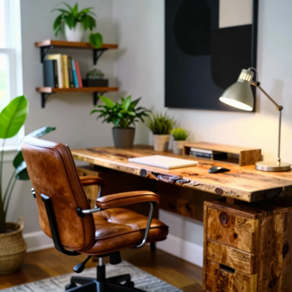 Stylish home office with comfortable desk chair and wooden elements