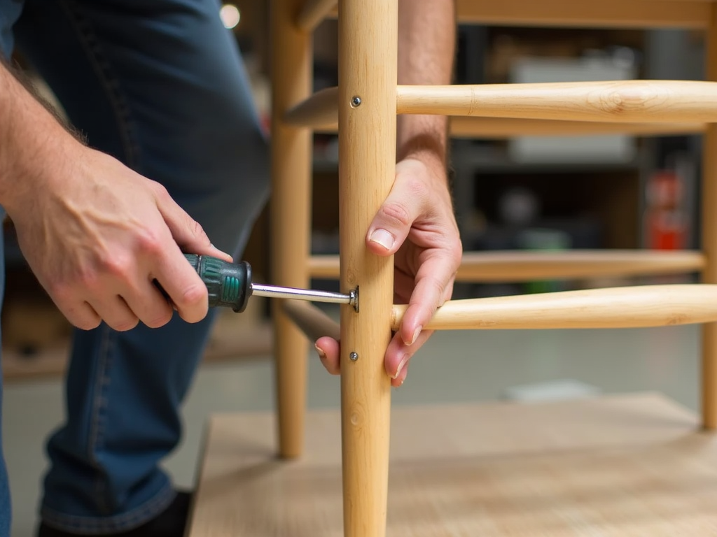 Tightening a loose screw on a chair for a simple DIY repair.