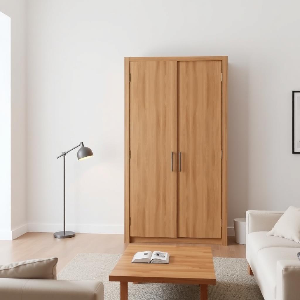 Light oak minimalist armoire in a cozy living room with white walls and warm lighting.