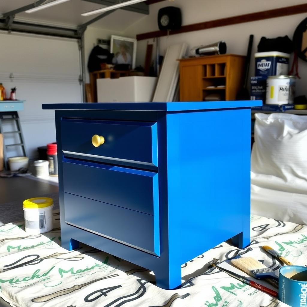 Navy blue nightstand with gold knobs during a DIY upcycling project