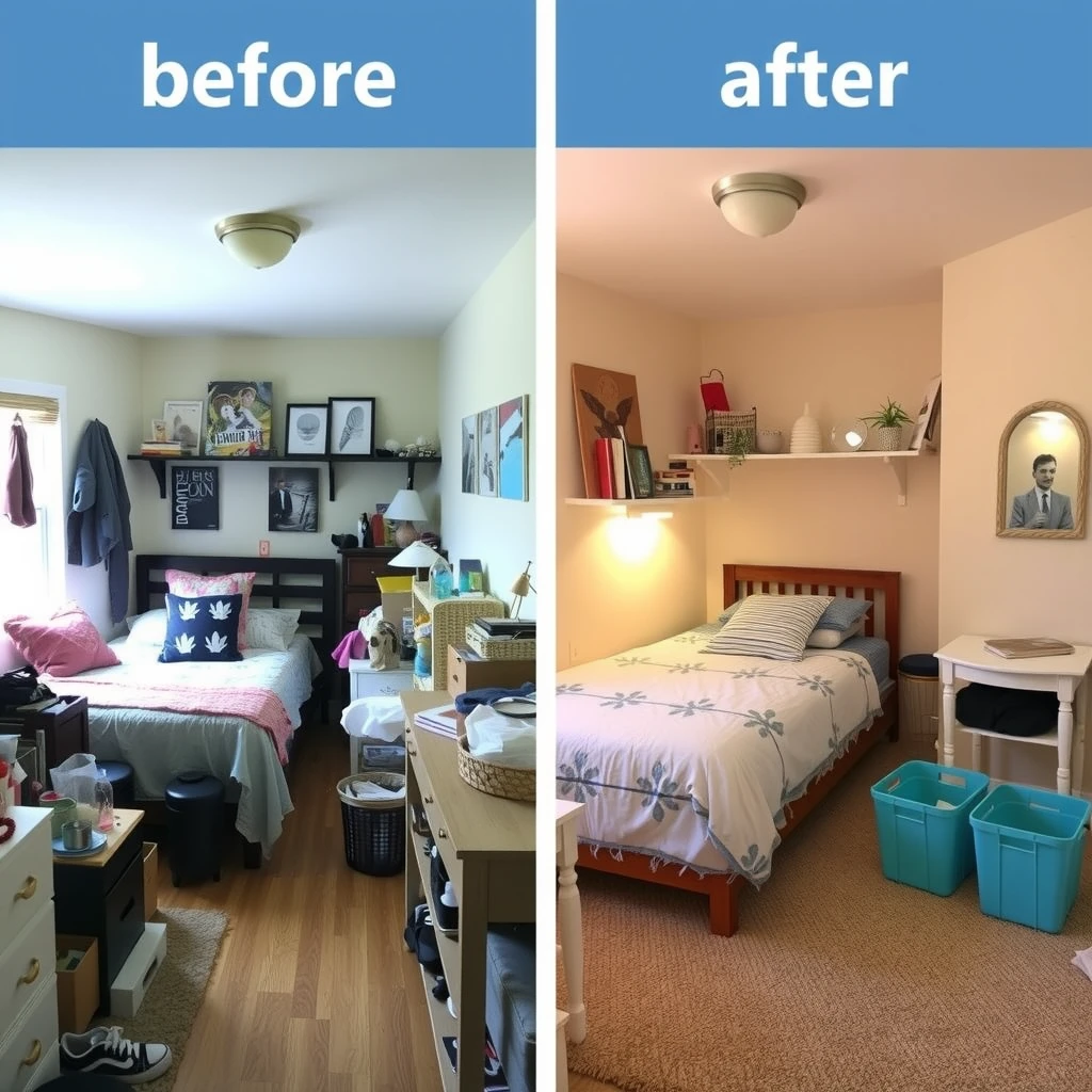 Before and after of a small bedroom showing improved space with smart furniture arrangement