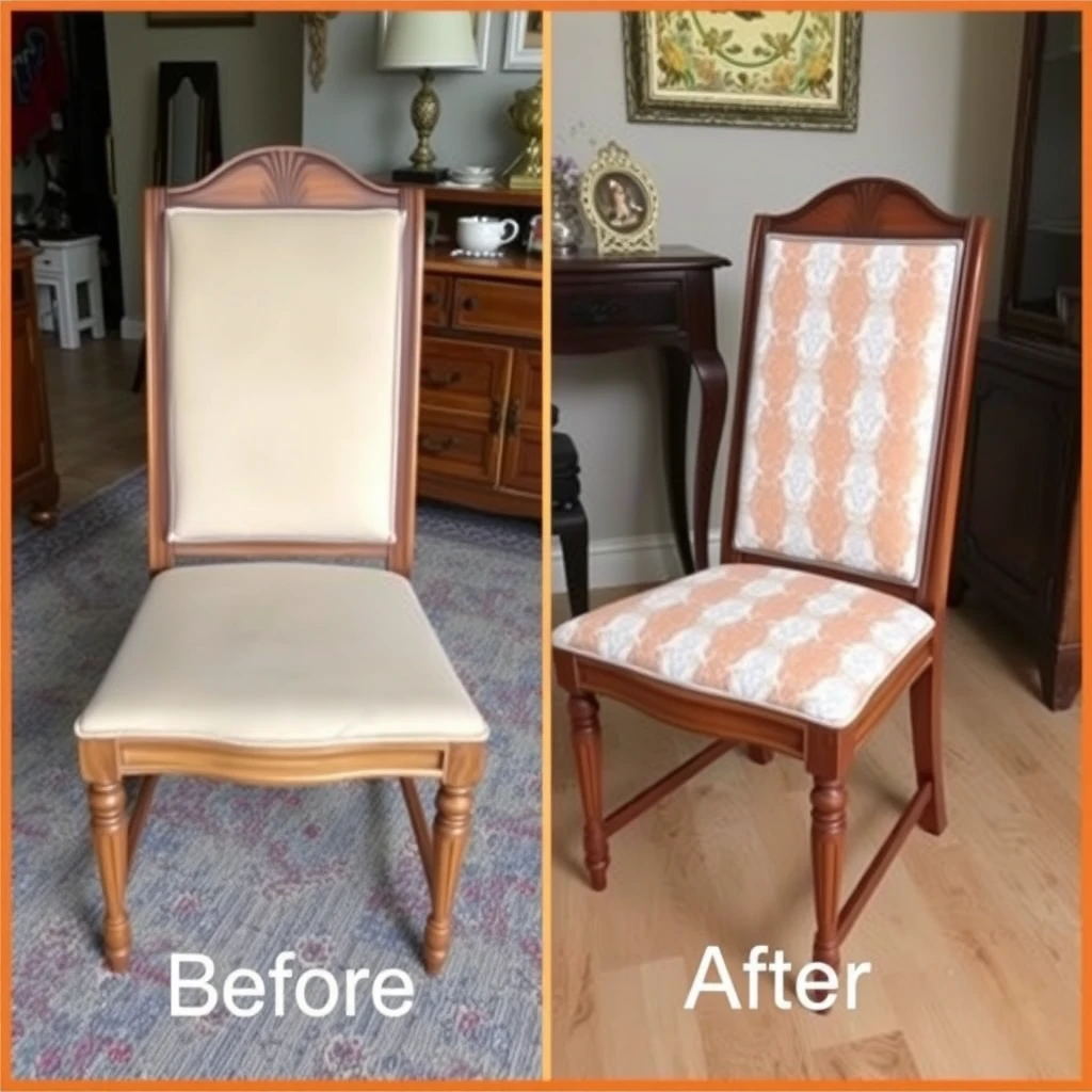 Before and after of a reupholstered antique chair