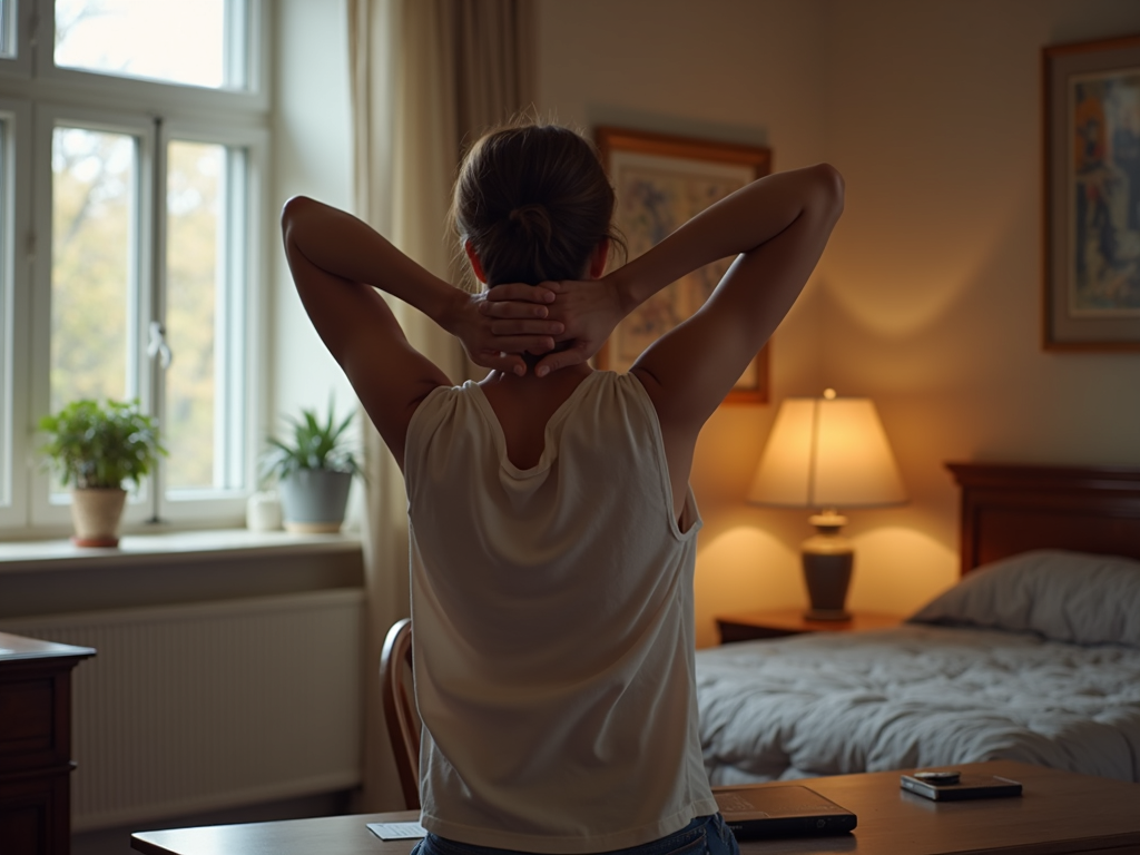 Person doing shoulder shrug stretch in home office