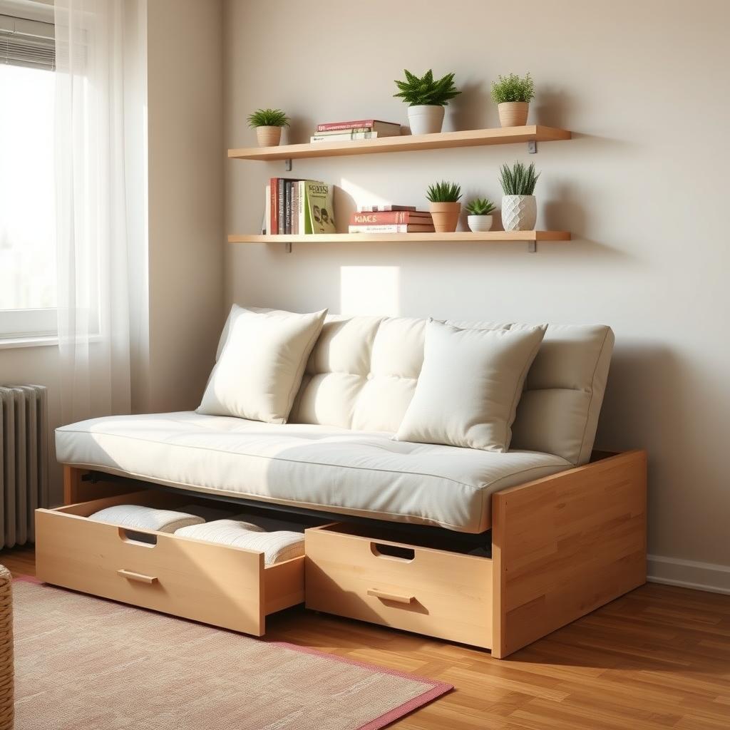 Cozy small apartment living room with a modern futon sofa bed and built-in storage drawers, decorated with floating shelves and plants.