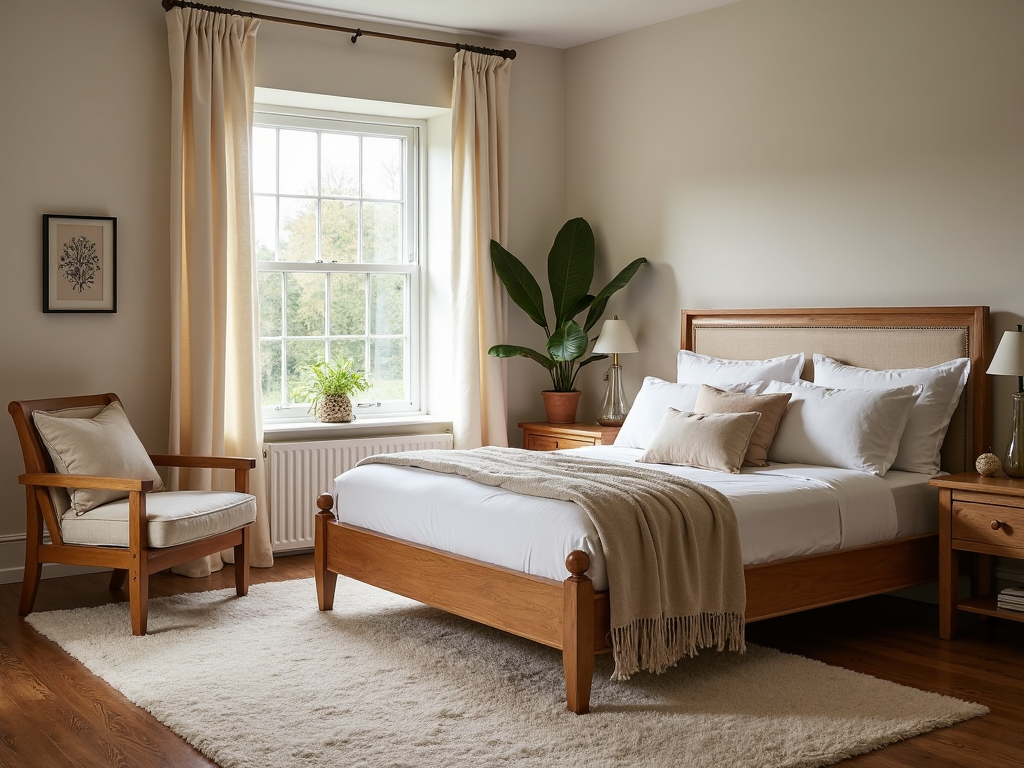 A bedroom with cozy furniture and a comfortable armchair