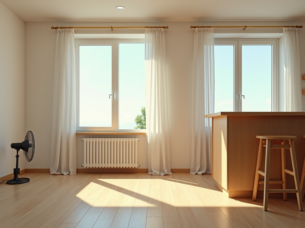 Living room with open windows and bar stool