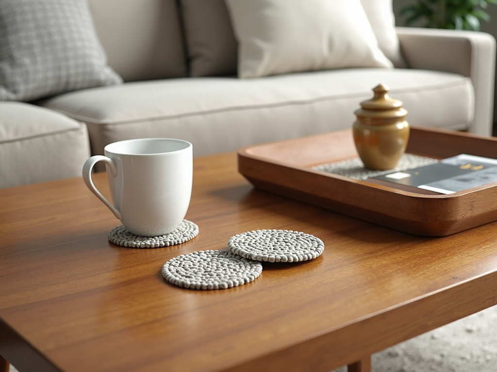 Wooden coffee table with protective coasters and tray