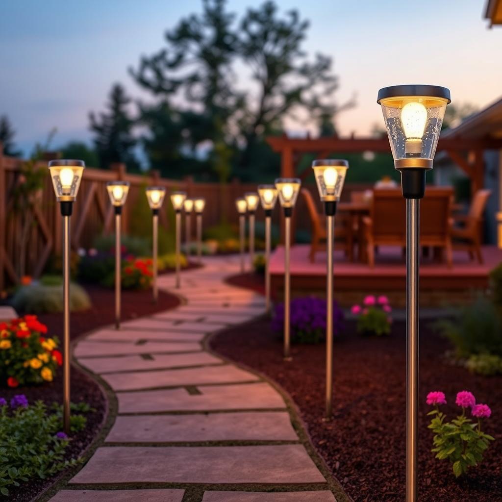 Patio pathway at twilight lined with solar-powered stake lights leading to a wooden patio with a dining set.
