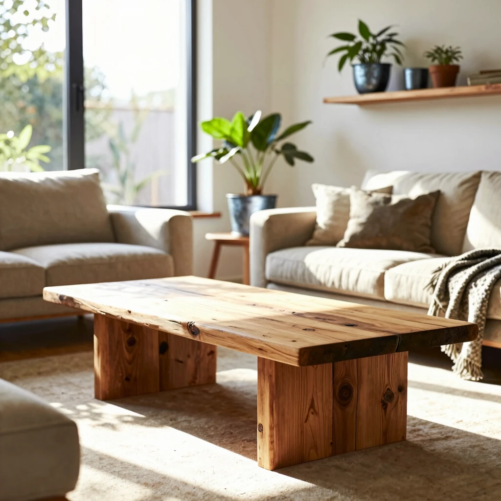 Cozy living room showcasing sustainable wooden coffee table and organic cotton sofa