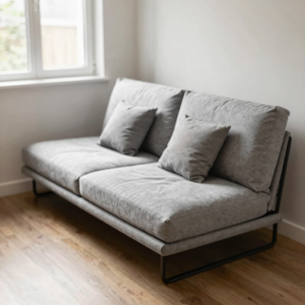 Modern futon in sofa position in a small living room with neutral colors