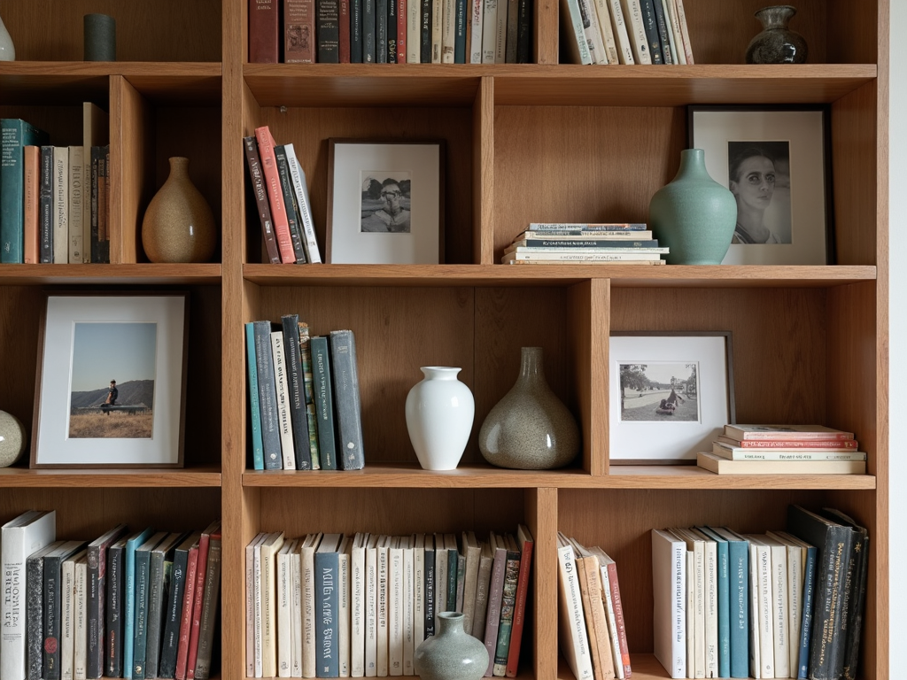 Bookshelf with color-coordinated books and decor
