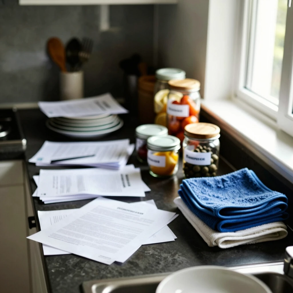 Before and after view of a cluttered versus organized kitchen counter