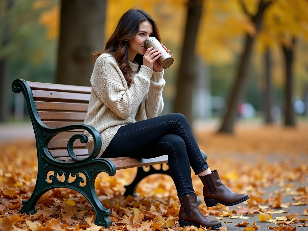 Fall fashion: cozy sweater and boots in a park.